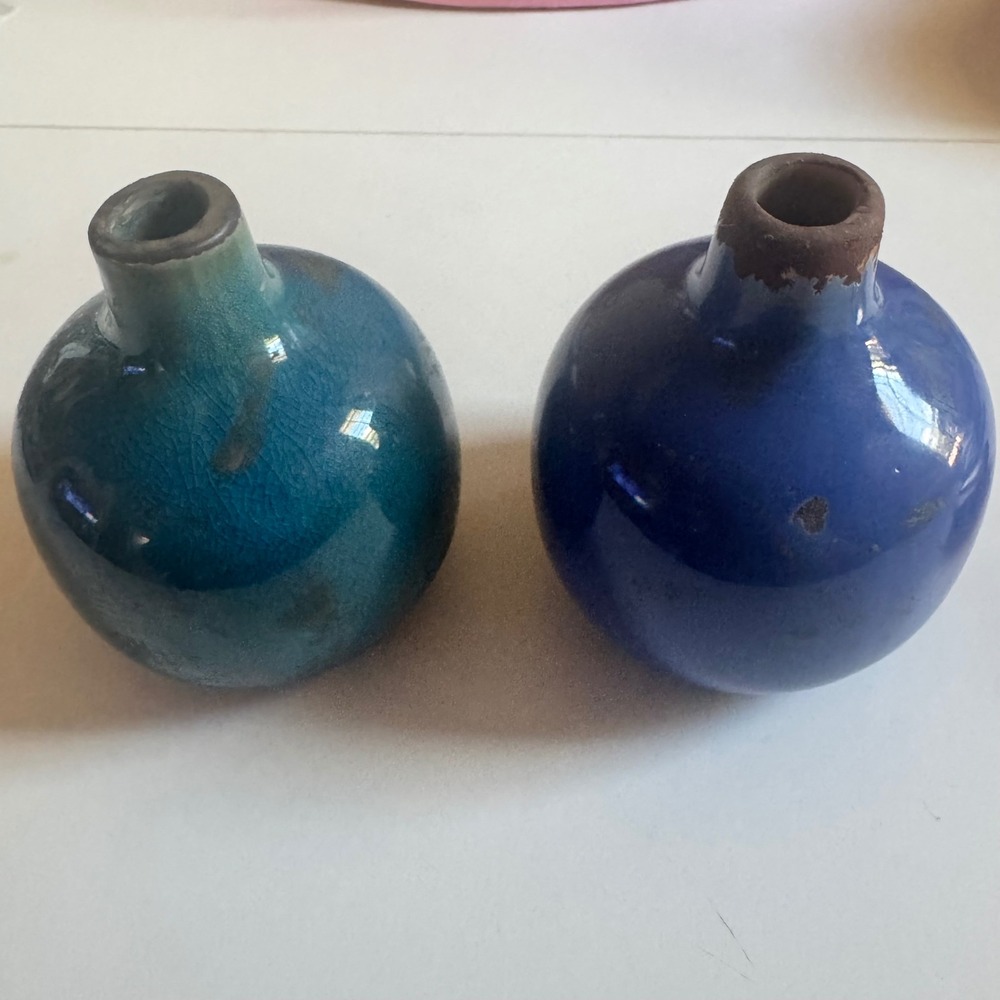 Set of 2 Ceramic Bud Vases Teal Turquoise Cobalt Blue Round Bulbous Glazed 3in
